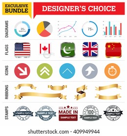 Exclusive Designer's Choice Bundle. Set of Diagrams, Country Flags buttons various style, icon set, Ribbon banner template and Made in Stamps design element
