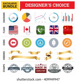 Exclusive Designer's Choice Bundle. Set of Diagrams, Country Flags buttons various style, icon set, Ribbon banner template and Made in Stamps design element