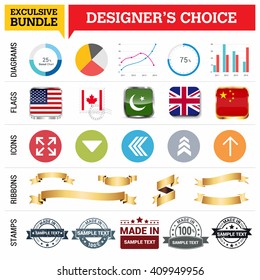 Exclusive Designer's Choice Bundle. Set of Diagrams, Country Flags buttons various style, icon set, Ribbon banner template and Made in Stamps design element