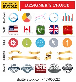 Exclusive Designer's Choice Bundle. Set of Diagrams, Country Flags buttons various style, icon set, Ribbon banner template and Made in Stamps design element
