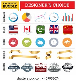 Exclusive Designer's Choice Bundle. Set of Diagrams, Country Flags buttons various style, icon set, Ribbon banner template and Made in Stamps design element
