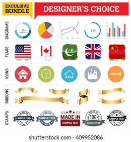 Exclusive Designer's Choice Bundle. Set of Diagrams, Country Flags buttons various style, icon set, Ribbon banner template and Made in Stamps design element
