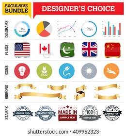 Exclusive Designer's Choice Bundle. Set of Diagrams, Country Flags buttons various style, icon set, Ribbon banner template and Made in Stamps design element