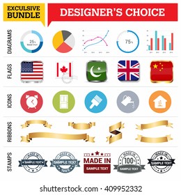 Exclusive Designer's Choice Bundle. Set of Diagrams, Country Flags buttons various style, icon set, Ribbon banner template and Made in Stamps design element