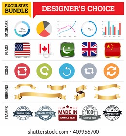 Exclusive Designer's Choice Bundle. Set of Diagrams, Country Flags buttons various style, icon set, Ribbon banner template and Made in Stamps design element