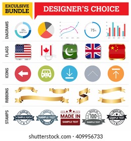 Exclusive Designer's Choice Bundle. Set of Diagrams, Country Flags buttons various style, icon set, Ribbon banner template and Made in Stamps design element