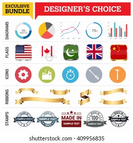 Exclusive Designer's Choice Bundle. Set of Diagrams, Country Flags buttons various style, icon set, Ribbon banner template and Made in Stamps design element