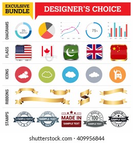 Exclusive Designer's Choice Bundle. Set of Diagrams, Country Flags buttons various style, icon set, Ribbon banner template and Made in Stamps design element