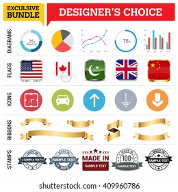 Exclusive Designer's Choice Bundle. Set of Diagrams, Country Flags buttons various style, icon set, Ribbon banner template and Made in Stamps design element
