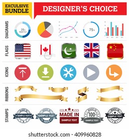 Exclusive Designer's Choice Bundle. Set of Diagrams, Country Flags buttons various style, icon set, Ribbon banner template and Made in Stamps design element