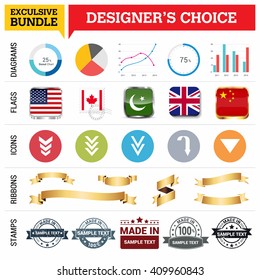 Exclusive Designer's Choice Bundle. Set of Diagrams, Country Flags buttons various style, icon set, Ribbon banner template and Made in Stamps design element