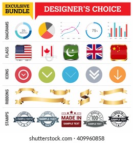 Exclusive Designer's Choice Bundle. Set of Diagrams, Country Flags buttons various style, icon set, Ribbon banner template and Made in Stamps design element
