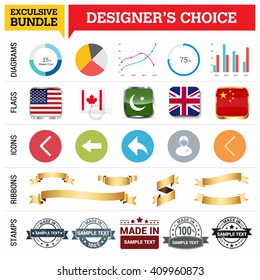 Exclusive Designer's Choice Bundle. Set of Diagrams, Country Flags buttons various style, icon set, Ribbon banner template and Made in Stamps design element