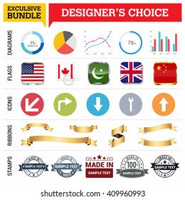 Exclusive Designer's Choice Bundle. Set of Diagrams, Country Flags buttons various style, icon set, Ribbon banner template and Made in Stamps design element