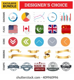 Exclusive Designer's Choice Bundle. Set of Diagrams, Country Flags buttons various style, icon set, Ribbon banner template and Made in Stamps design element