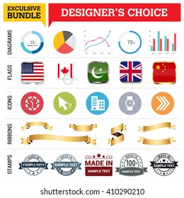 Exclusive Designer's Choice Bundle. Set of Diagrams, Country Flags buttons various style, icon set, Ribbon banner template and Made in Stamps design element