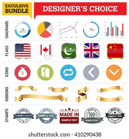 Exclusive Designer's Choice Bundle. Set of Diagrams, Country Flags buttons various style, icon set, Ribbon banner template and Made in Stamps design element