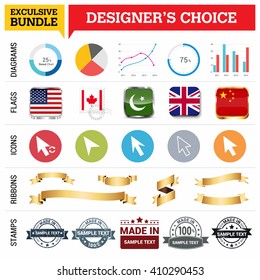 Exclusive Designer's Choice Bundle. Set of Diagrams, Country Flags buttons various style, icon set, Ribbon banner template and Made in Stamps design element