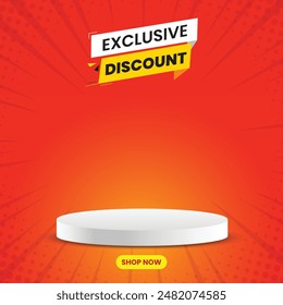 Exclusive discount social media post with podium and red background. Vector design for social media. Exclusive discount template.