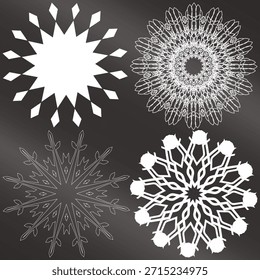 Una obra de arte exclusiva y editable de cuatro copos de nieve o Vectores de mandala idénticos. Una obra maestra y diseños de emblemas únicos sobre fondo gris metálico con combinación de colores degradados.