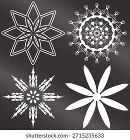 Una obra de arte exclusiva y editable de cuatro copos de nieve o Vectores de mandala idénticos. Una obra maestra y diseños de emblemas únicos sobre fondo gris metálico con combinación de colores degradados.