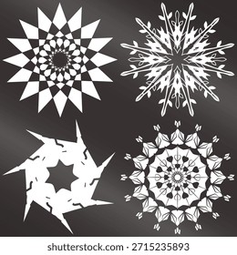 Una obra de arte exclusiva y editable de cuatro copos de nieve o Vectores de mandala idénticos. Una obra maestra y diseños de emblemas únicos sobre fondo gris metálico con combinación de colores degradados.