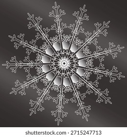 Una obra de arte exclusiva y editable de un solo copo de nieve o Vector de mandala. Una obra maestra y diseños de emblemas únicos sobre fondo gris metálico con combinación de colores degradados.