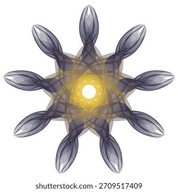 Una flor geométrica espirógrafo exclusiva y editable con abstracto geométrico. Una obra maestra de arte de Vector de loto o mandala del ilustrador de mezcla que usa pétalos de espirografo superpuestos.