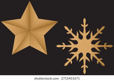 Una ilustración de Vector de ilustración de copos de nieve dobles idénticos exclusivos y editables. Una obra maestra y emblemas dorados únicos o diseño de estrellas de copo de nieve sobre fondo negro para Navidades.