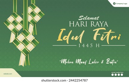 Eid Al Fitr 1445 H 2024 Tarjeta de felicitación y banner exclusivo para la empresa. Diseño con Ketupat, espacio del logotipo de la empresa, patrón y spot de redes sociales. Ucapan Selamat Idul Fitri 1445 H. Ilustración vectorial