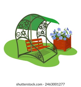 Exclusive elegant swing and flower bed isolated on white background. Design elements of landscape design of the garden or parkland. Vector close-up illustration.