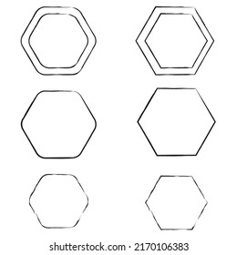 Exclusive frames, figures. Hexagonal shapes in brush style. Frames with six corners. Framework from thin lines. stock image. EPS 10.