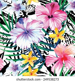 Exclusive fresh flowers tropic hibiscus, plumeria, and banana palm leaves hand drawn watercolor. Print fashion hawaii jungle floral seamless vector pattern on black and white background