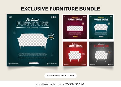 Exclusive furniture advertisement sales social media post set template. Furniture store promotion and sale template bundle. Exclusive furniture web banner collection template.