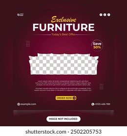 Exclusive furniture business social media promotion template post. furniture  with dark red color. Exclusive furniture sale template for digital marketing. Furniture promotional web banner design.