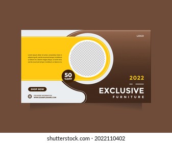 Exclusive furniture promotion design. Brown yellow vector with a photo collage. Usable for social media, banner, and web internet ads. Template for furniture sale, interior design, home decor, etc