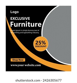 exclusive furniture social media post design template, black and orange color