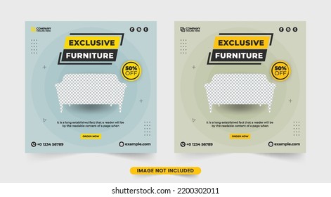 Exclusive furniture store social media post vector with abstract shapes. Furniture discounts offer web banner designs with soft color backgrounds. Furniture sale and promotion banner vector.