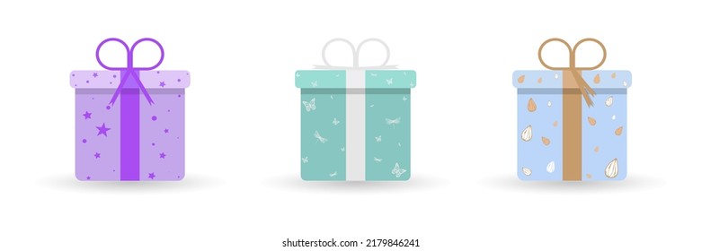 Cajas de regalo exclusivas. Colorido envuelto. Venta, concepto de comercio. Colección para cumpleaños, Navidad. Gráficos vectoriales para impresión, web, aplicaciones