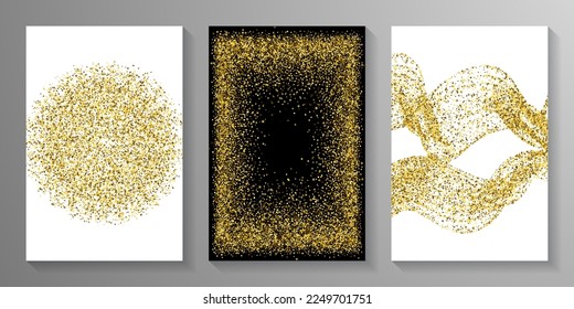 Exclusive gold confetti dot scatter pattern. Triangle square circle star particles illustration. Holiday decor. Glowing scruple granules grain confetti. Holiday decoration sequins explosion