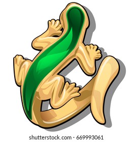 Exclusive gold ring in the shape of lizard isolated on white background. An instance of boutique jewelry. Accessories in the style of wild animals. Cartoon vector close-up illustration.