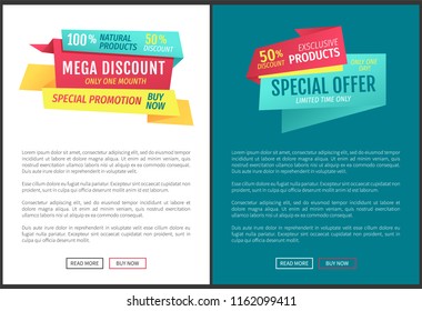 Exclusive half price reduction posters. Mega discount banner with special promotion. Best choice limited time natural production proposition vector