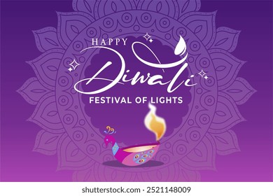 Exclusive Happy Diwali Celebration 2024 Background. Diwali Festival Of Lights Banner with Text, Rangoli Pattern and Diya Vector Illustration. Happy Diwali Social Media Post Template.