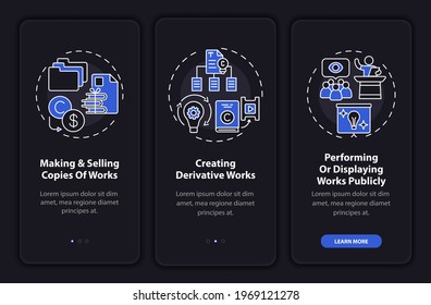 Exclusive holder rights onboarding mobile app page screen with concepts. Performing publicly walkthrough 3 steps graphic instructions. UI, UX, GUI vector template with linear night mode illustrations