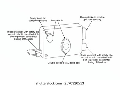 Exclusive Home Rim Night Latch Lock, Drawer Lock installation guidelines Line Drawing vector illustration