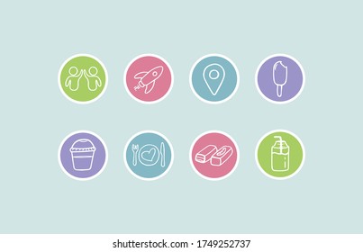 Exclusive icons set for cafe. For menu. Cooperation, Delivery icons. Location icon, Ice cream and Drink icon. Food, Candy and Dessert icons. Vector illustration.