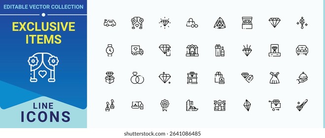 Exclusive Items linear icon set. It contains symbols to fashion, element, beauty, luxury, goods and more. Luxury Goods icon set. Outline symbol collection. Pixel perfect. Editable stroke.