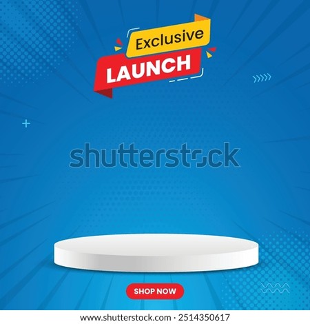 Exclusive Launch social media post with podium, Special Offer and Promotional Post social media, Blue color template, social media banner with combo offer mnemonic.