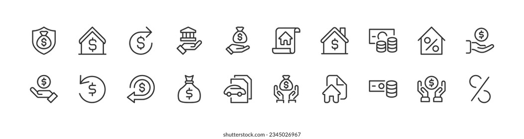 Conjunto exclusivo de iconos de línea delgada de préstamo. Gran paquete de pictogramas minimalistas modernos para el kit UIUX móvil, infografías y sitios web