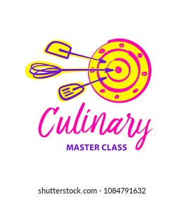 Exclusive Logotype With Cookware, Arrow In Target For Delivery Catering Service. Template Gourmet Chef Insignia. Culinary Cooking Logo. Food Master Class Concept.
